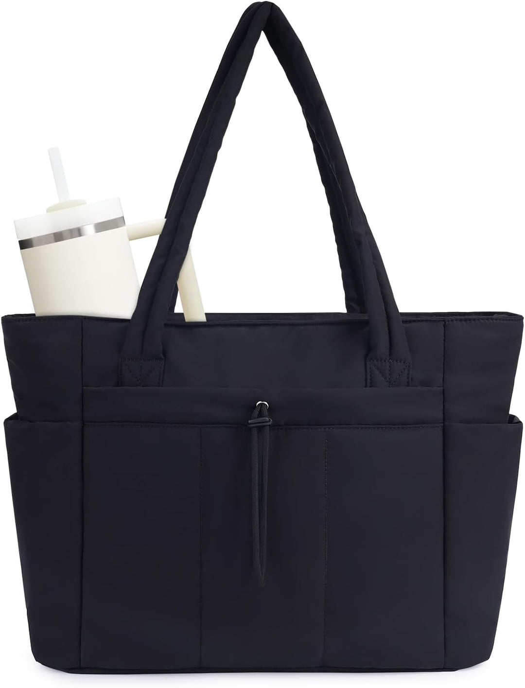 Lightweight quilted puffer tote, ideal for women's travel, with laptop & cup holder.