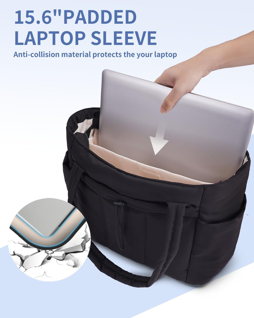 Puffer travel tote for women, offering a laptop sleeve & cup holder for convenience.
