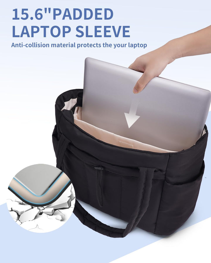 Puffer travel tote for women, offering a laptop sleeve & cup holder for convenience.