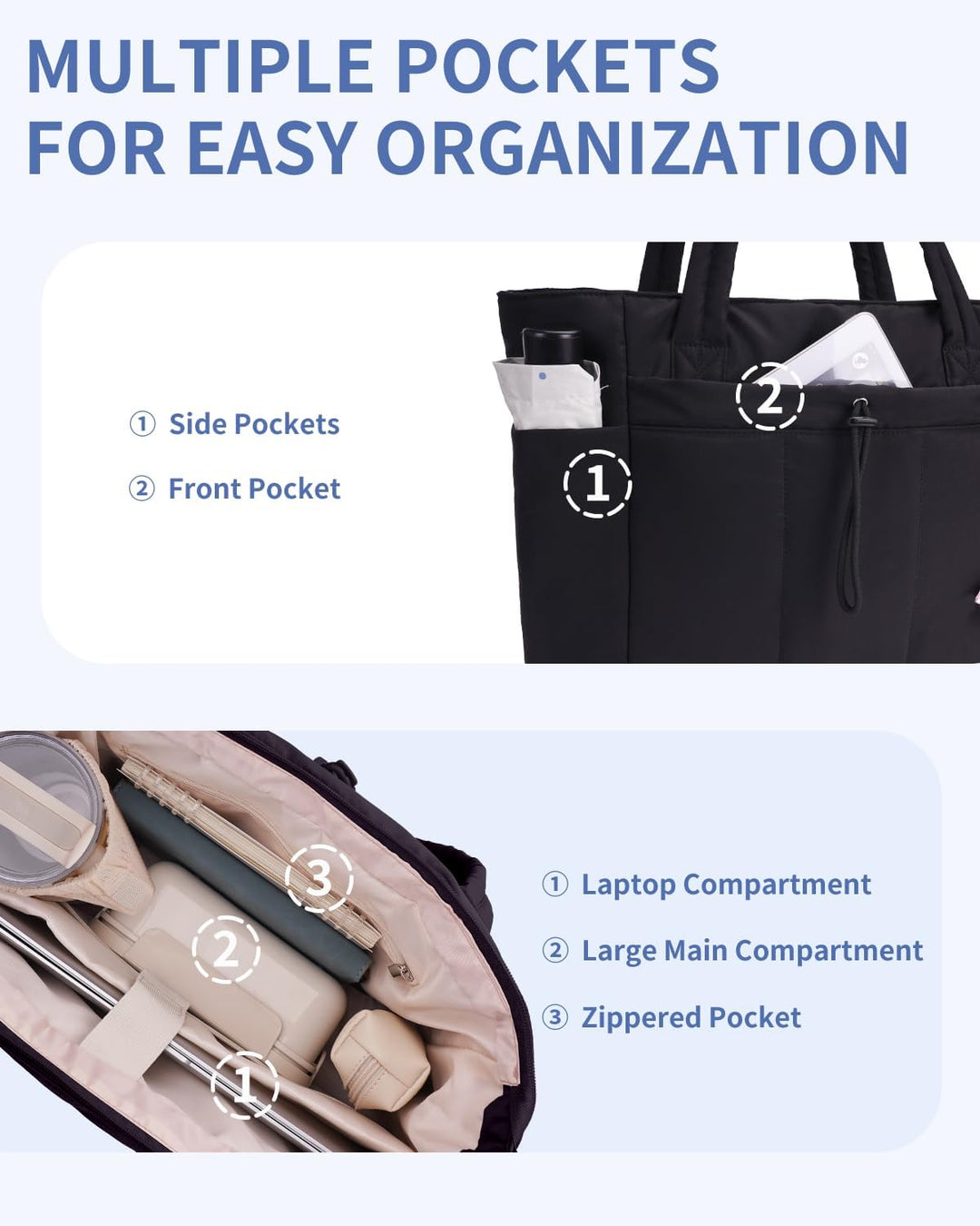 Women's carryall with laptop sleeve & cup holder, a quilted puffer design for daily use.