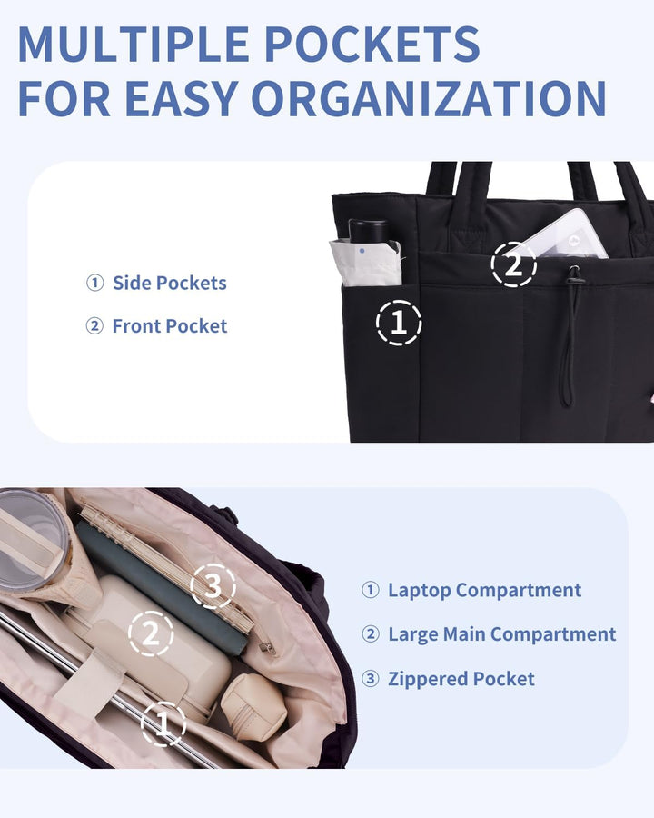 Women's carryall with laptop sleeve & cup holder, a quilted puffer design for daily use.