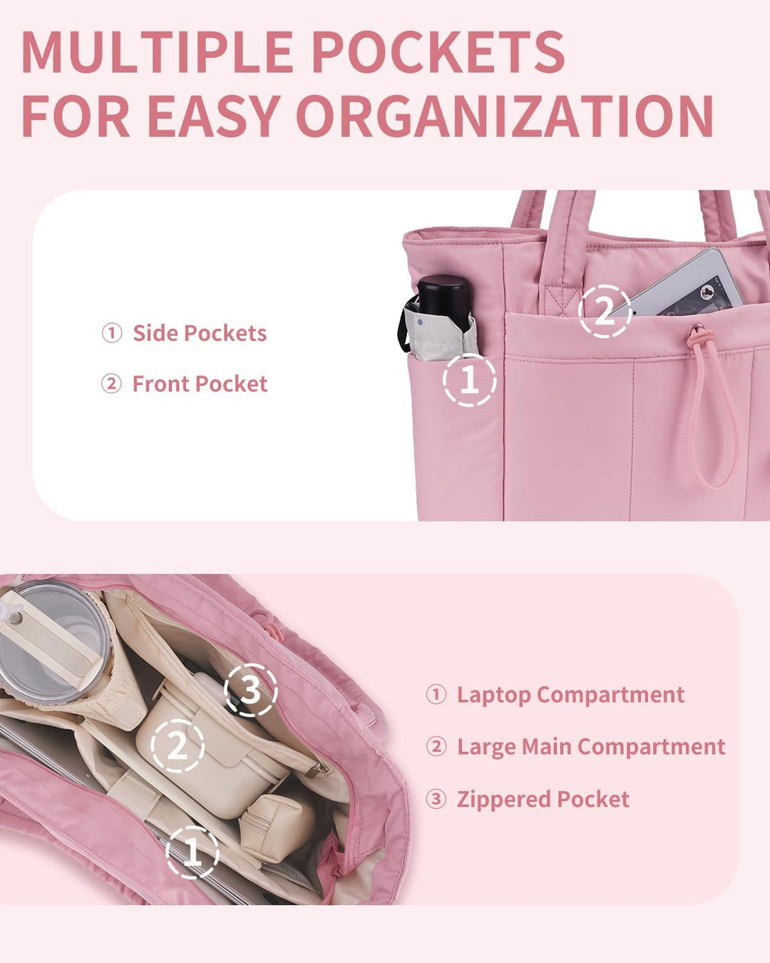 Essential quilted tote bag for women, great for work, travel, laptop & cup holder included.