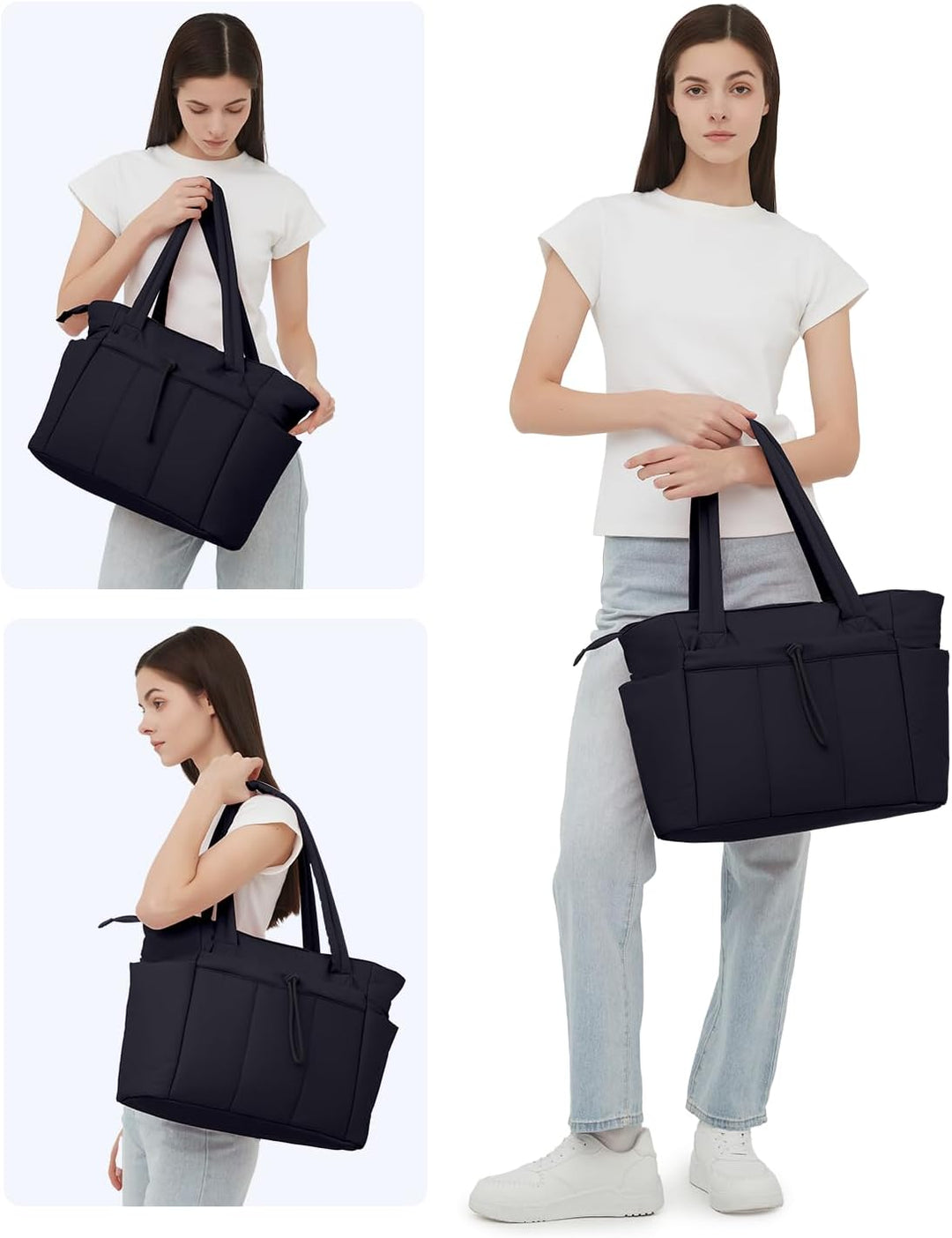 Sleek women's puffer tote, quilted for style, with laptop sleeve & cup holder.