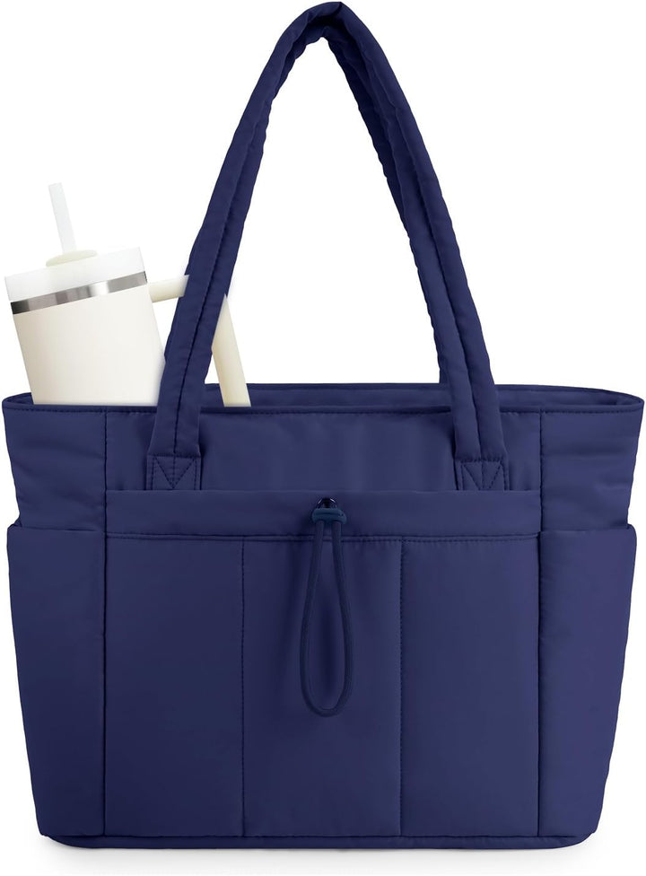 Organized women's work tote, quilted puffer style, with laptop sleeve & cup holder.
