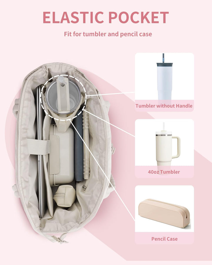 Travel-ready women's puffer bag, equipped with a dedicated laptop sleeve & drink holder.