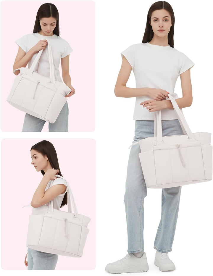 Spacious women's puffer tote, perfect for travel & work, laptop sleeve & cup holder.