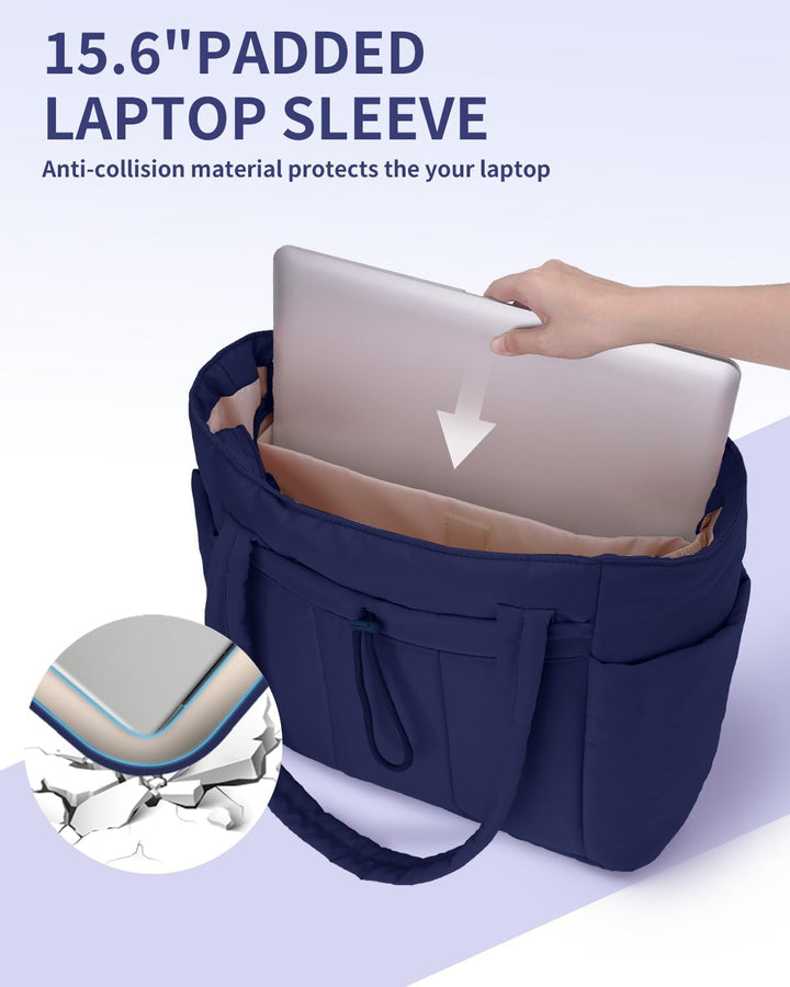 Quilted travel & work tote for women, puffer style, with laptop sleeve & cup holder.