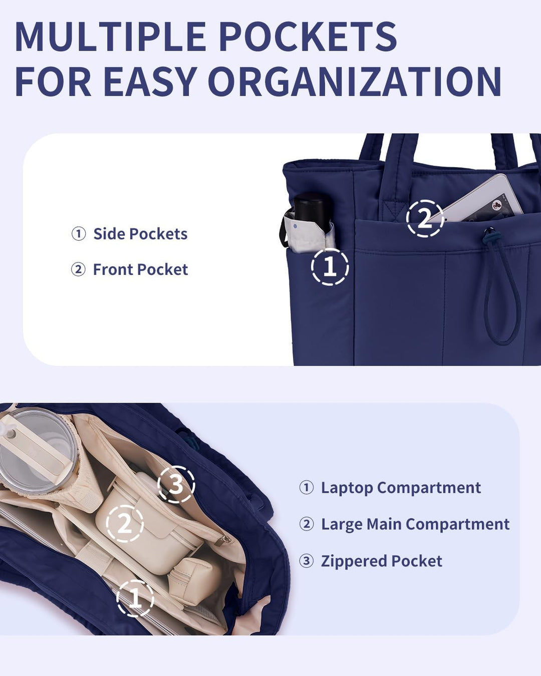 Women's daily essentials tote, a quilted puffer bag with laptop sleeve & cup holder.