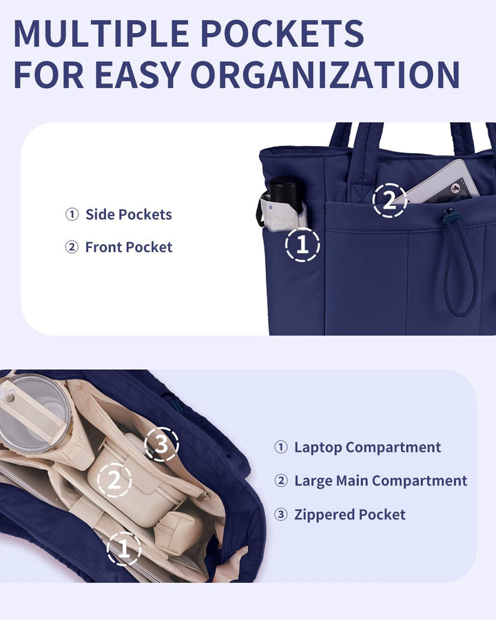 Women's daily essentials tote, a quilted puffer bag with laptop sleeve & cup holder.