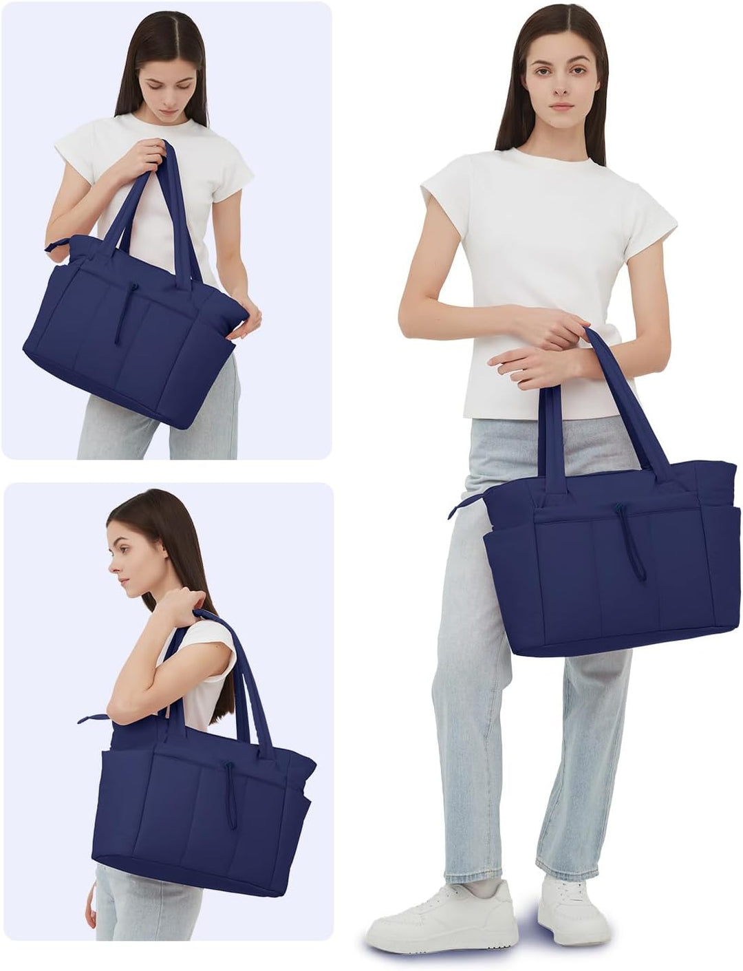 Puffer carryall for women, featuring a laptop sleeve & cup holder, ideal for busy days.