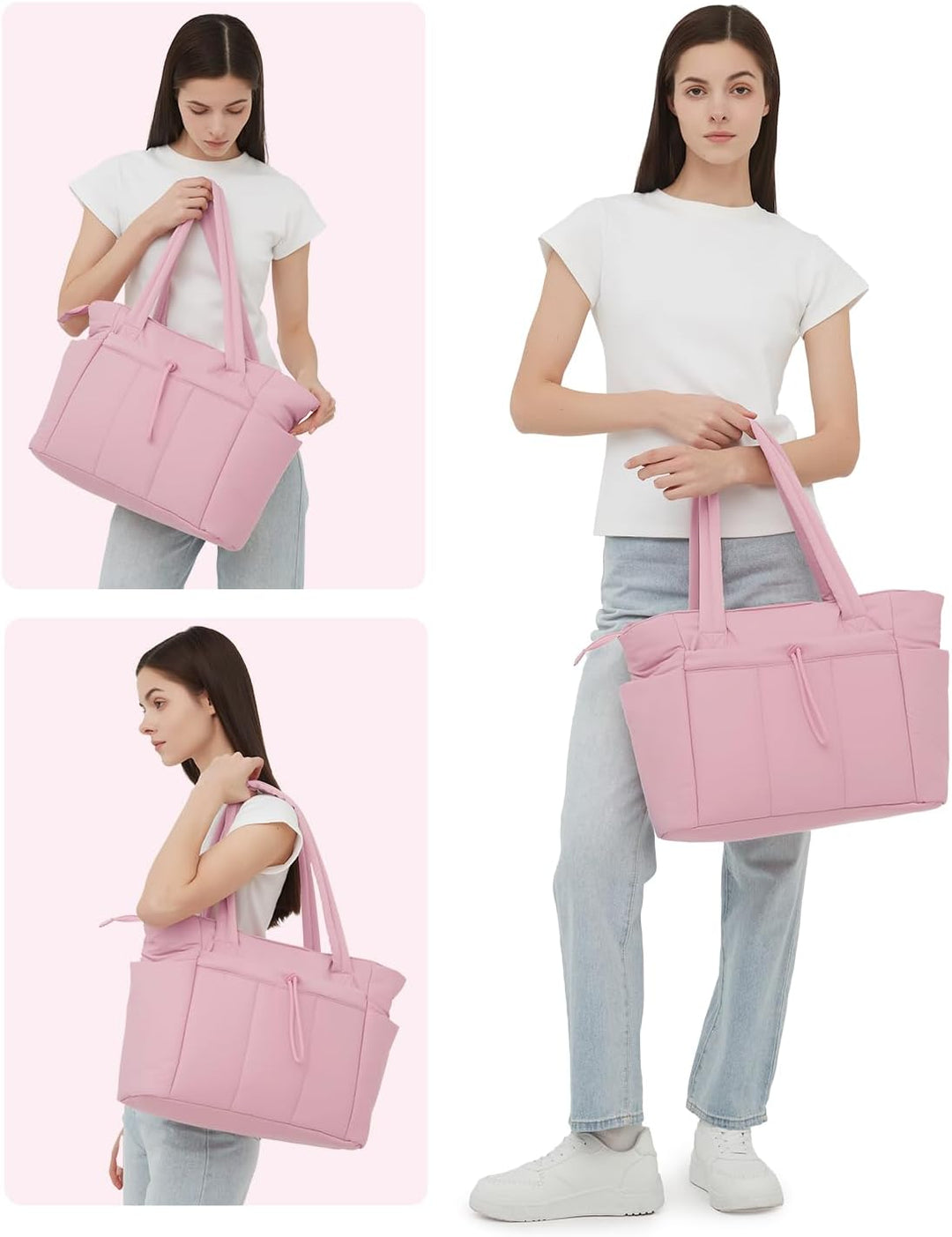 Women's versatile quilted tote, great for travel, work, with laptop sleeve & cup holder.