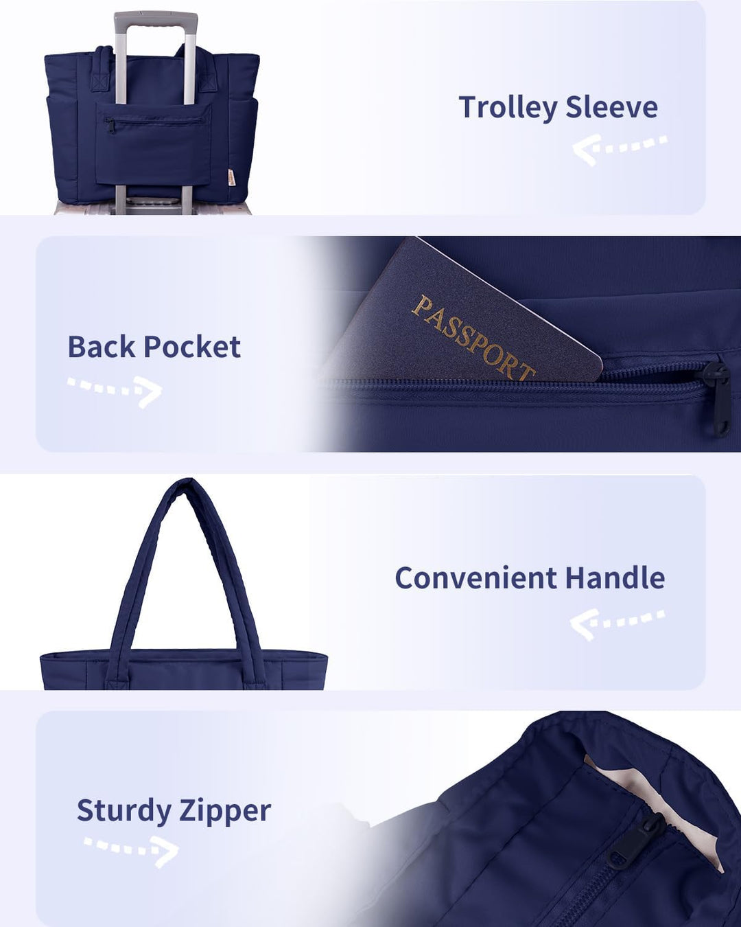 Functional women's travel bag, a quilted puffer tote with laptop sleeve & cup holder.