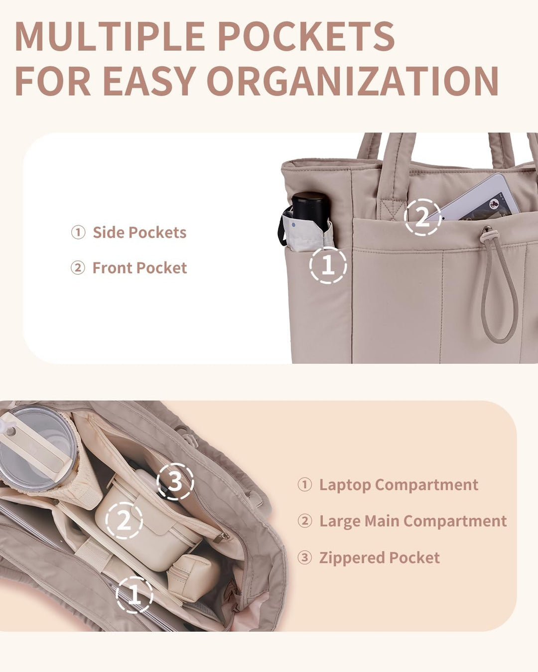 Spacious quilted travel tote with integrated laptop compartment and convenient cup holder.