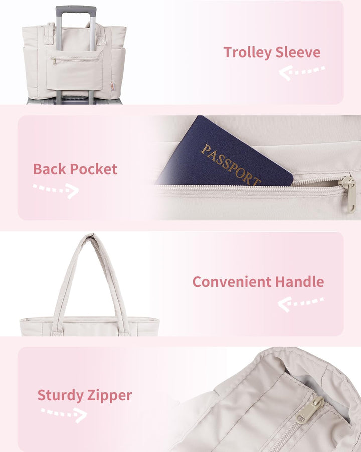 Women's lightweight puffer tote, quilted, perfect for daily essentials, laptop & cup holder.