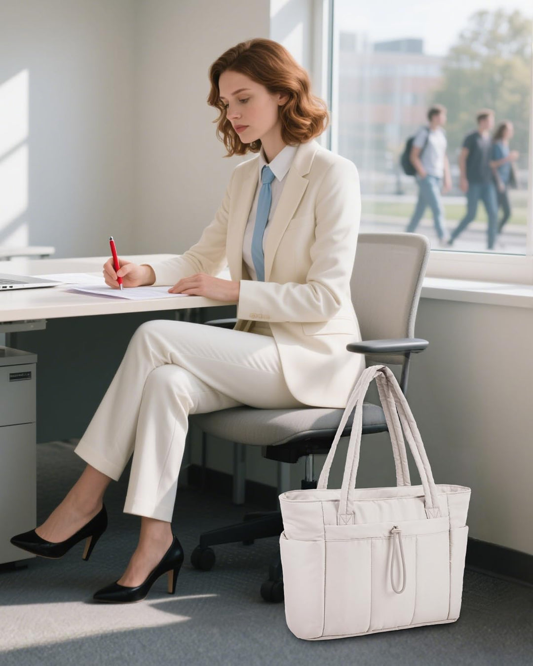 Women's chic quilted tote, a puffer bag with laptop sleeve & cup holder for any occasion.