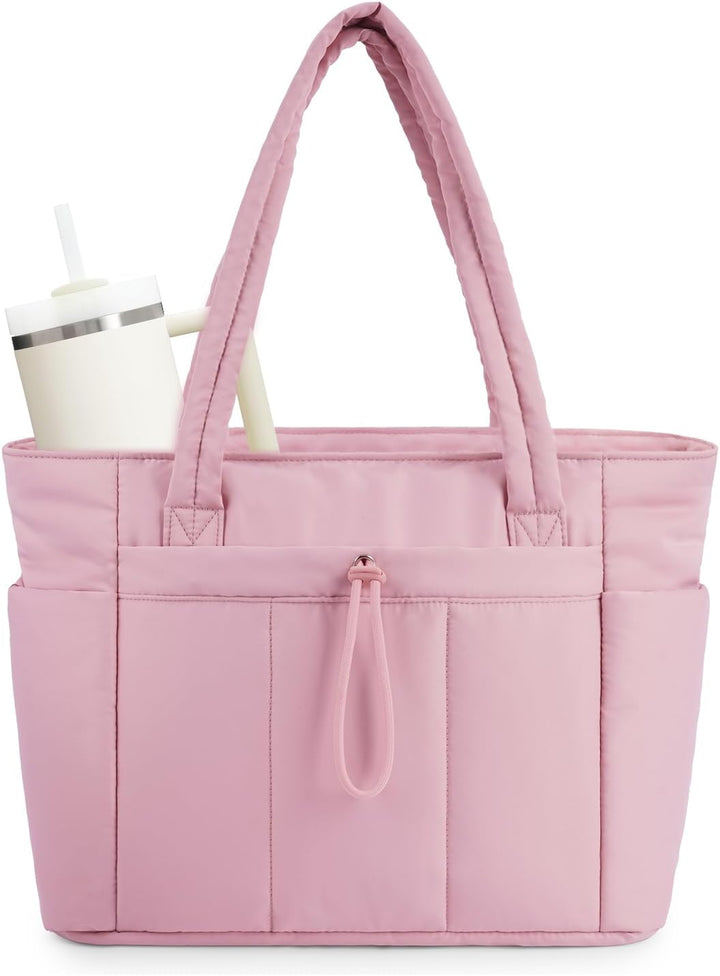 Puffer laptop bag for women, quilted tote design with built-in cup holder for easy access.