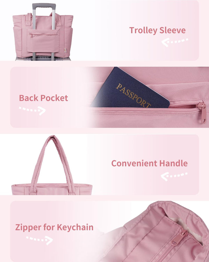 Quilted women's work & travel tote, puffer style, with laptop sleeve & cup holder.