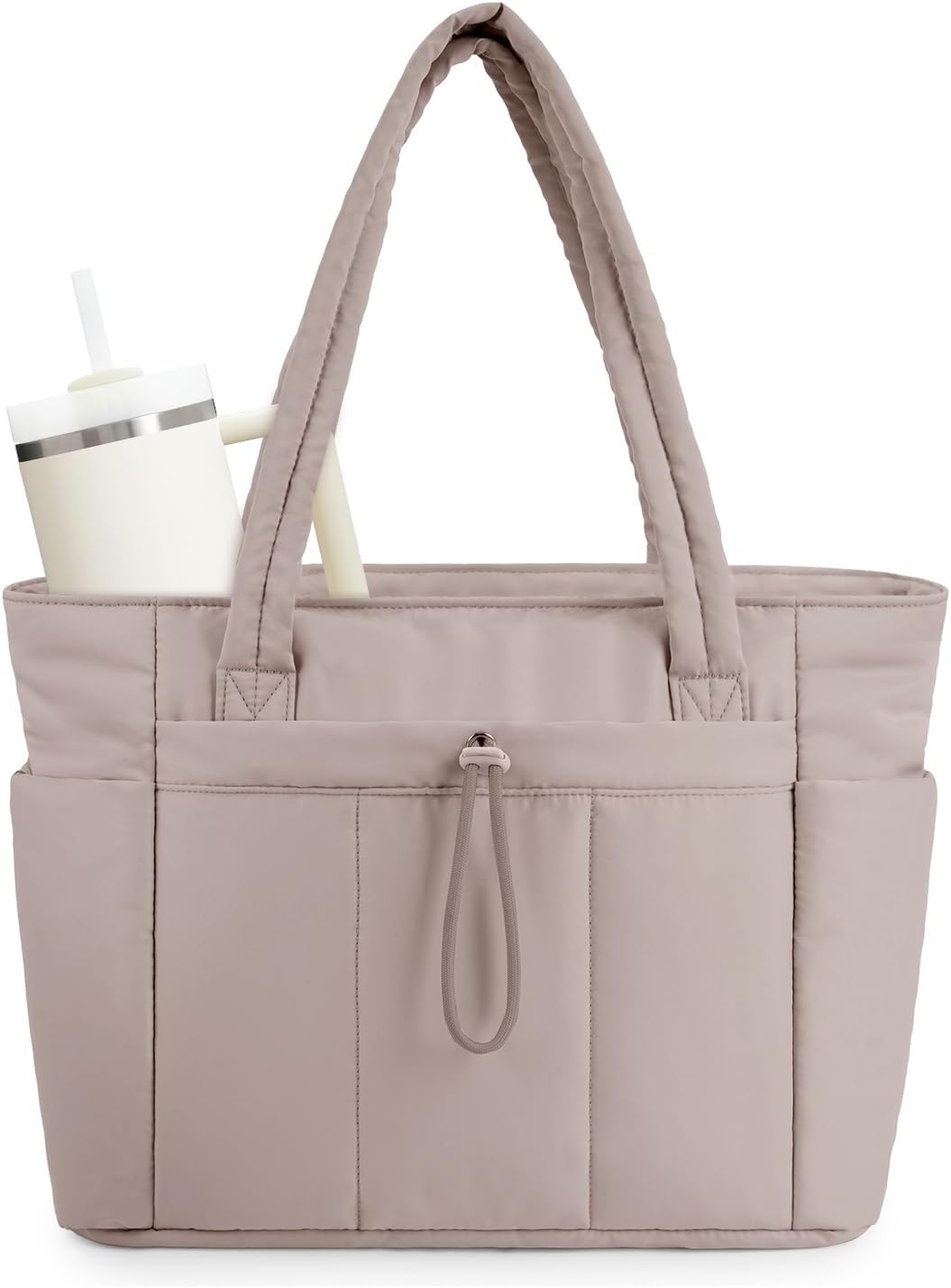 Puffer tote for women, a stylish quilted bag with laptop sleeve & cup holder for all needs.