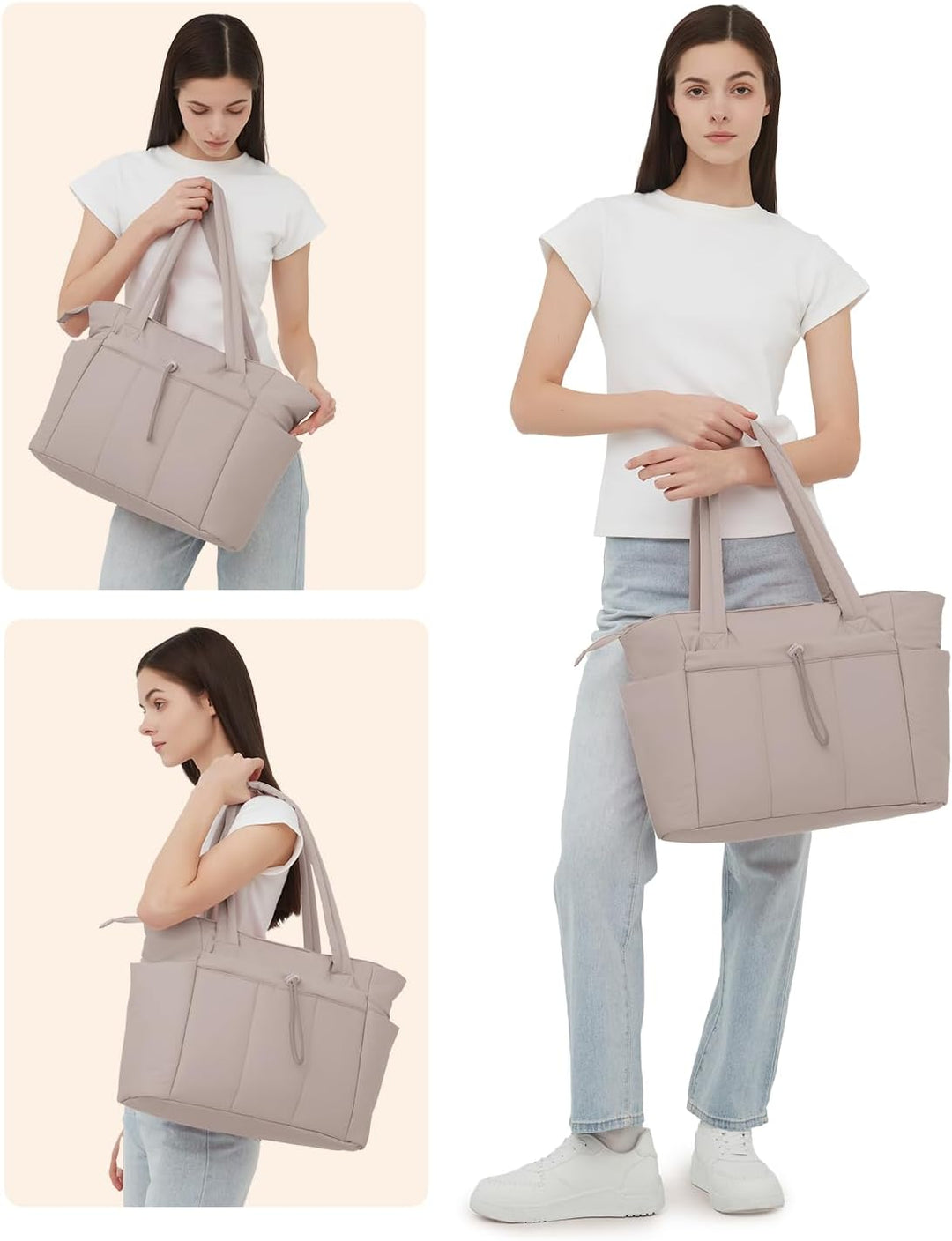 Women's work bag: a quilted puffer tote with secure laptop sleeve & handy cup holder.