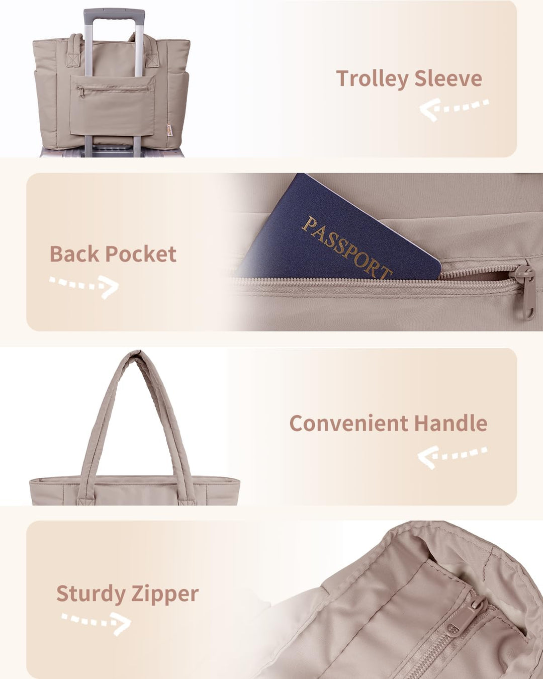 Commuter-friendly quilted tote bag, offering a laptop sleeve & cup holder for busy women.