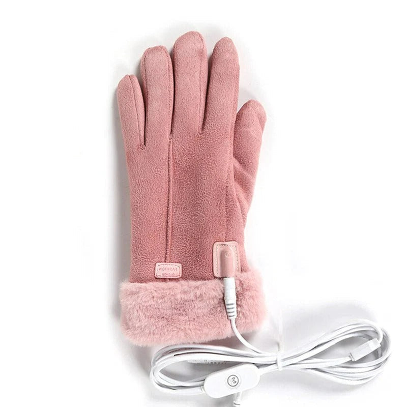 Women's rechargeable heated pink winter gloves with touchscreen capability for ultimate warmth & outdoor comfort.