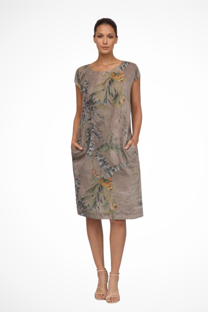 Stylish women's relaxed fit botanical summer dress. Ideal casual day dress for beach, holidays, or easy wear.