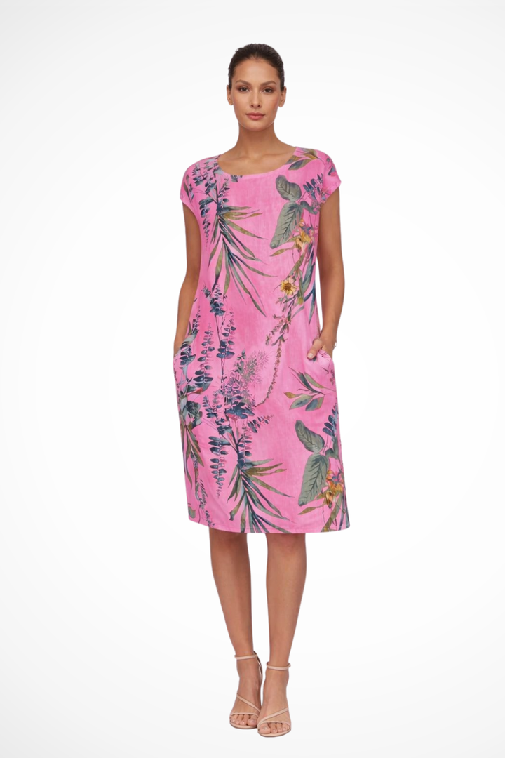 Effortless women's relaxed fit summer dress featuring a beautiful botanical print. Great for beach or day.