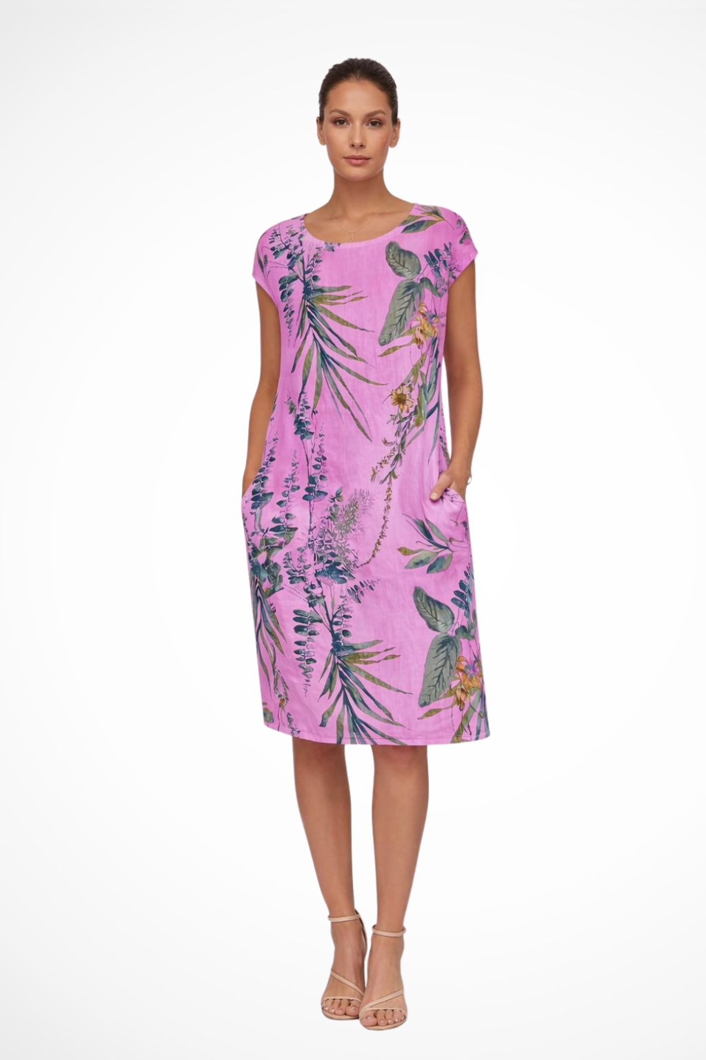 Comfortable women's botanical casual dress. Relaxed fit, sleeveless, perfect for summer, beach, & holiday fashion.