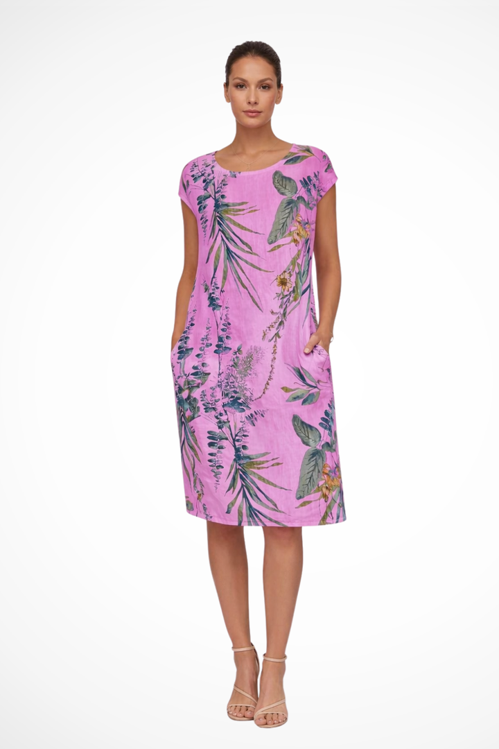 Comfortable women's botanical casual dress. Relaxed fit, sleeveless, perfect for summer, beach, & holiday fashion.