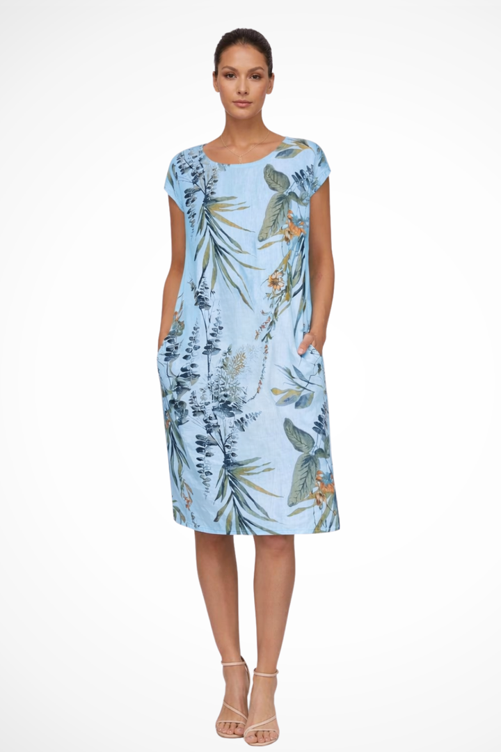 Chic women's botanical print relaxed fit summer dress. Sleeveless design, perfect casual day & beach dress.