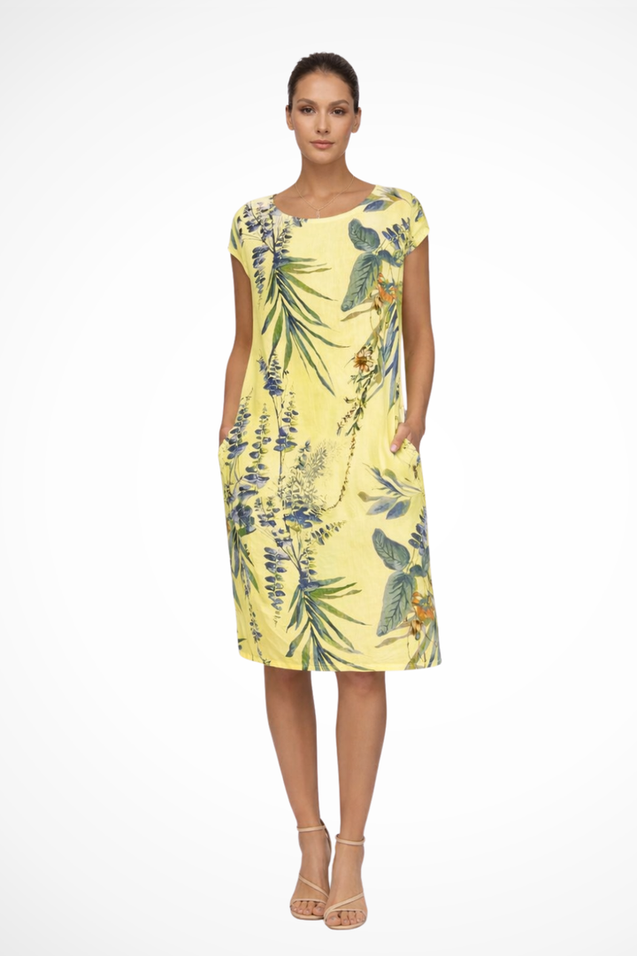 Women's relaxed fit botanical print summer dress. Sleeveless, comfortable, ideal for casual wear & holidays.