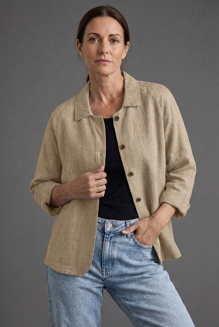 Close-up of a women's relaxed fit button-through blouse, showcasing fabric texture and classic button details.