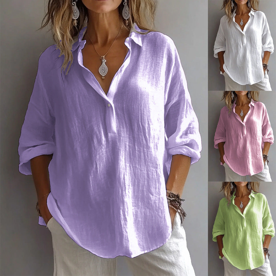 Chic women's relaxed fit button-up shirt. Comfortable wide sleeves & versatile for everyday wear.