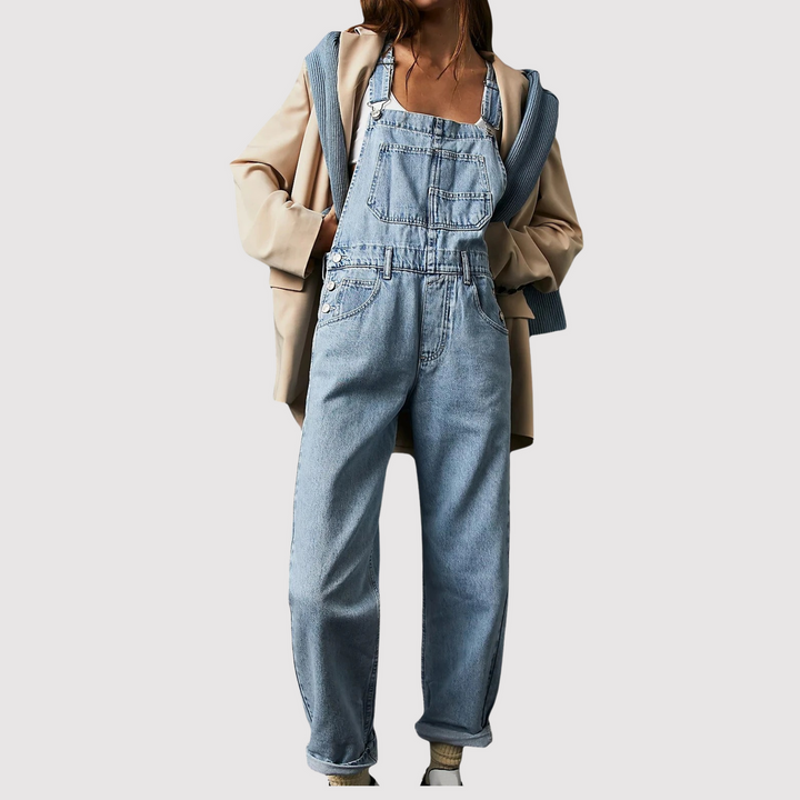 Women's relaxed fit denim overalls with wide leg & adjustable straps, perfect for casual, comfortable everyday wear.