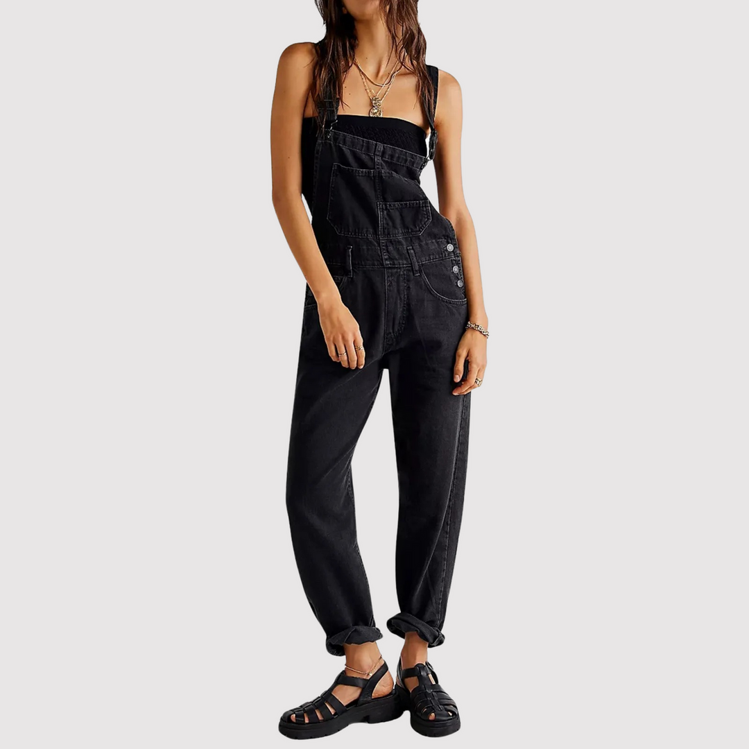 Comfortable women's relaxed fit denim overalls with adjustable straps, offering a stylish wide-leg for casual wear.