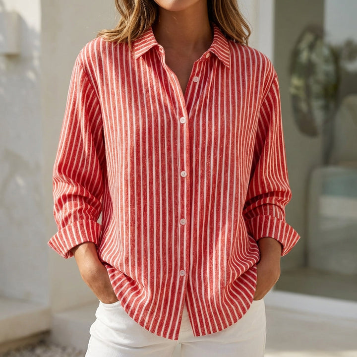Women's relaxed fit striped button-down blouse, long sleeve casual summer shirt top for resort fashion.
