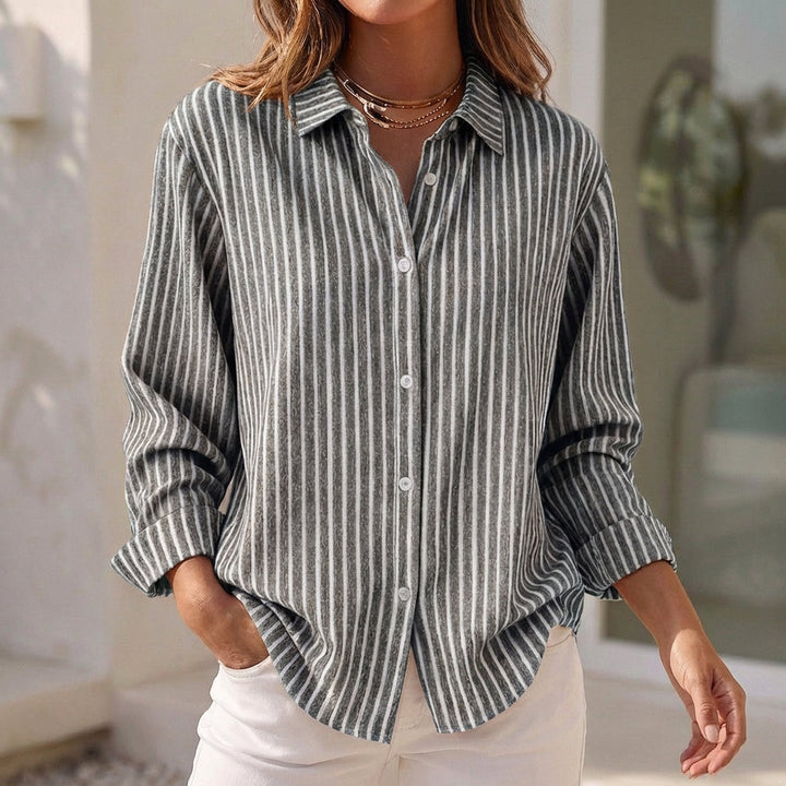 Women's long sleeve striped blouse, relaxed fit button-down shirt top, great for chic casual summer style.