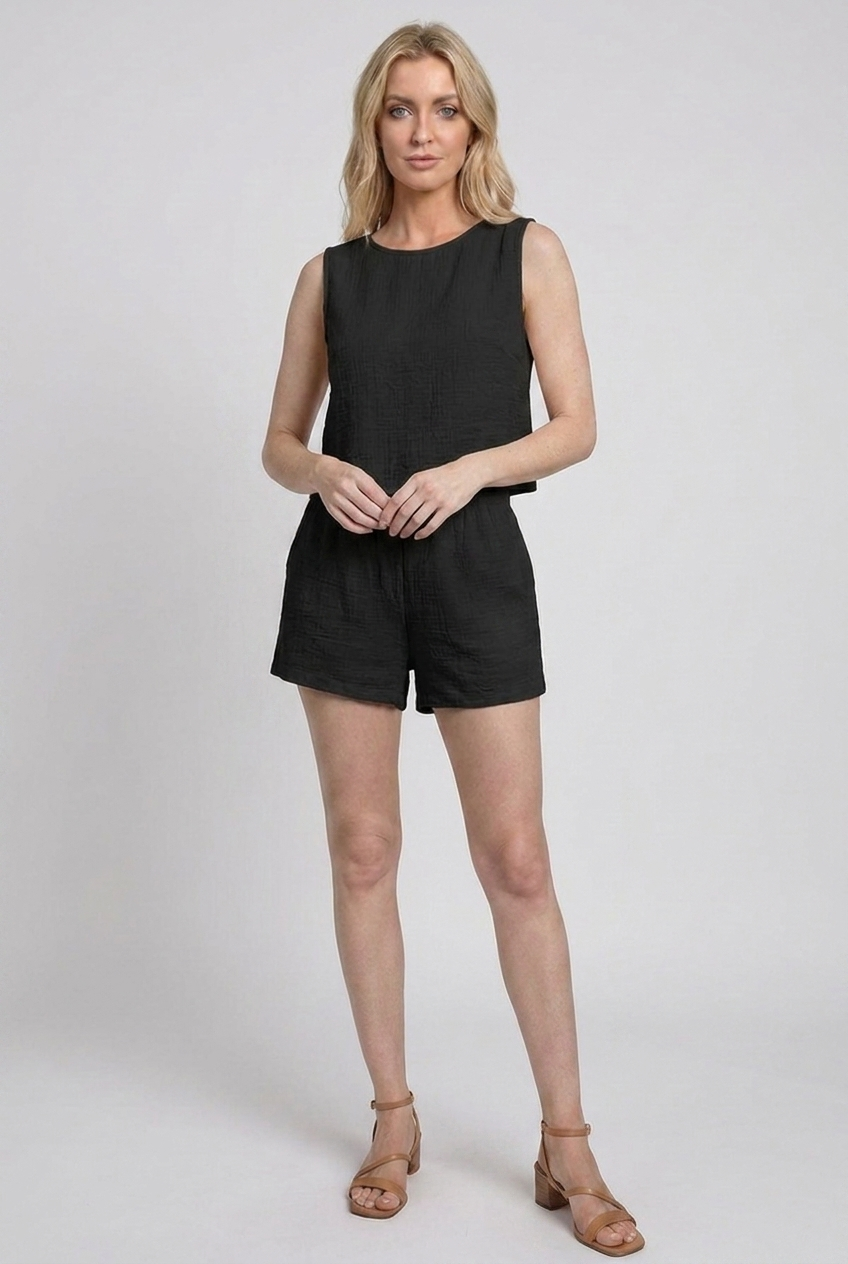Women's casual summer co-ord set. Sleeveless top & shorts outfit, perfect for beach holidays or relaxed days.