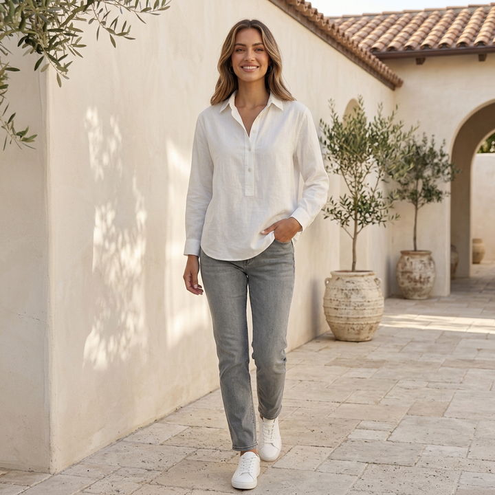 Stylish women's V-neck long sleeve popover blouse with button placket, ideal for summer & resort wear.
