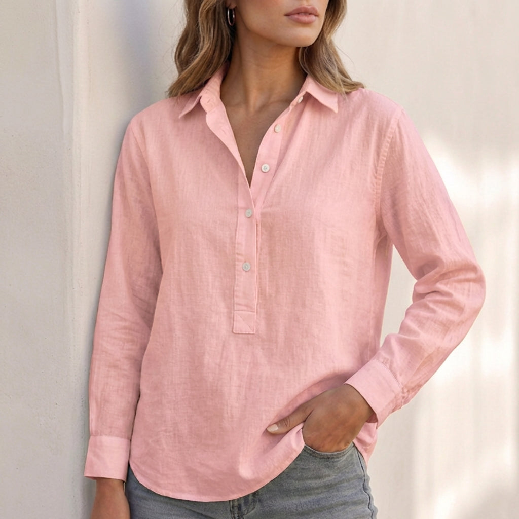Chic women's V-neck long sleeve blouse, a relaxed fit casual shirt perfect for summer fashion & resort wear.