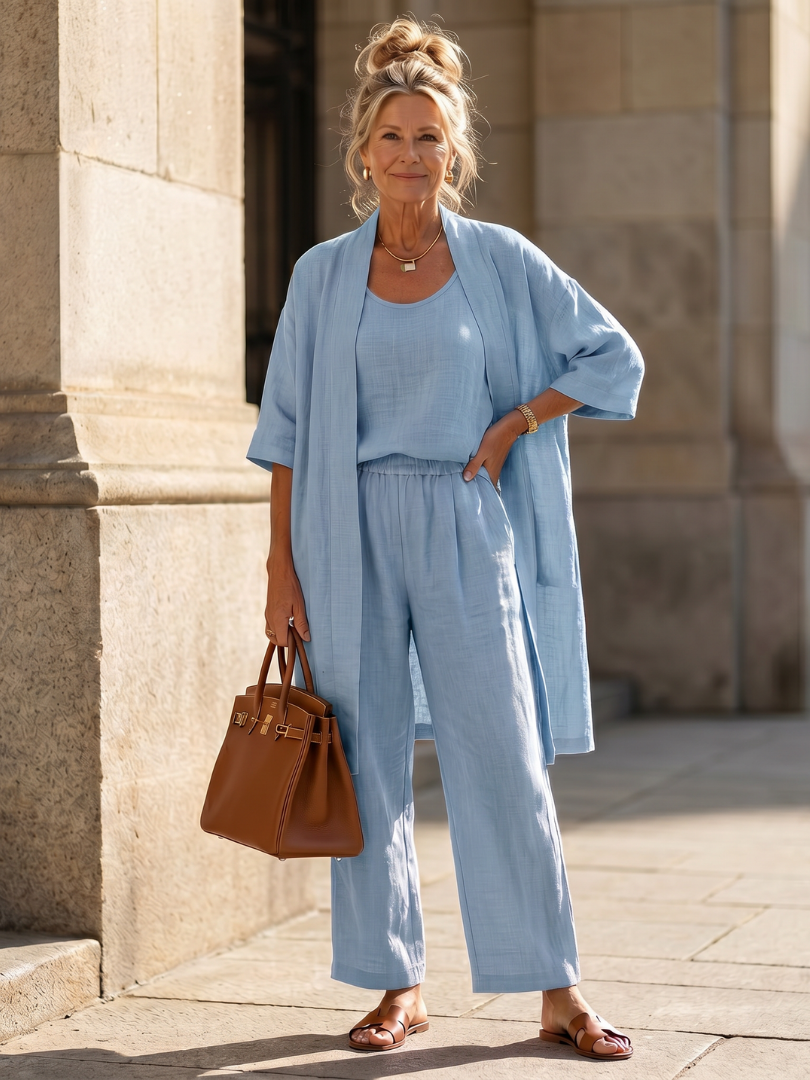 Chic women's three-piece top and wide-leg pant set, designed for ultimate comfort.