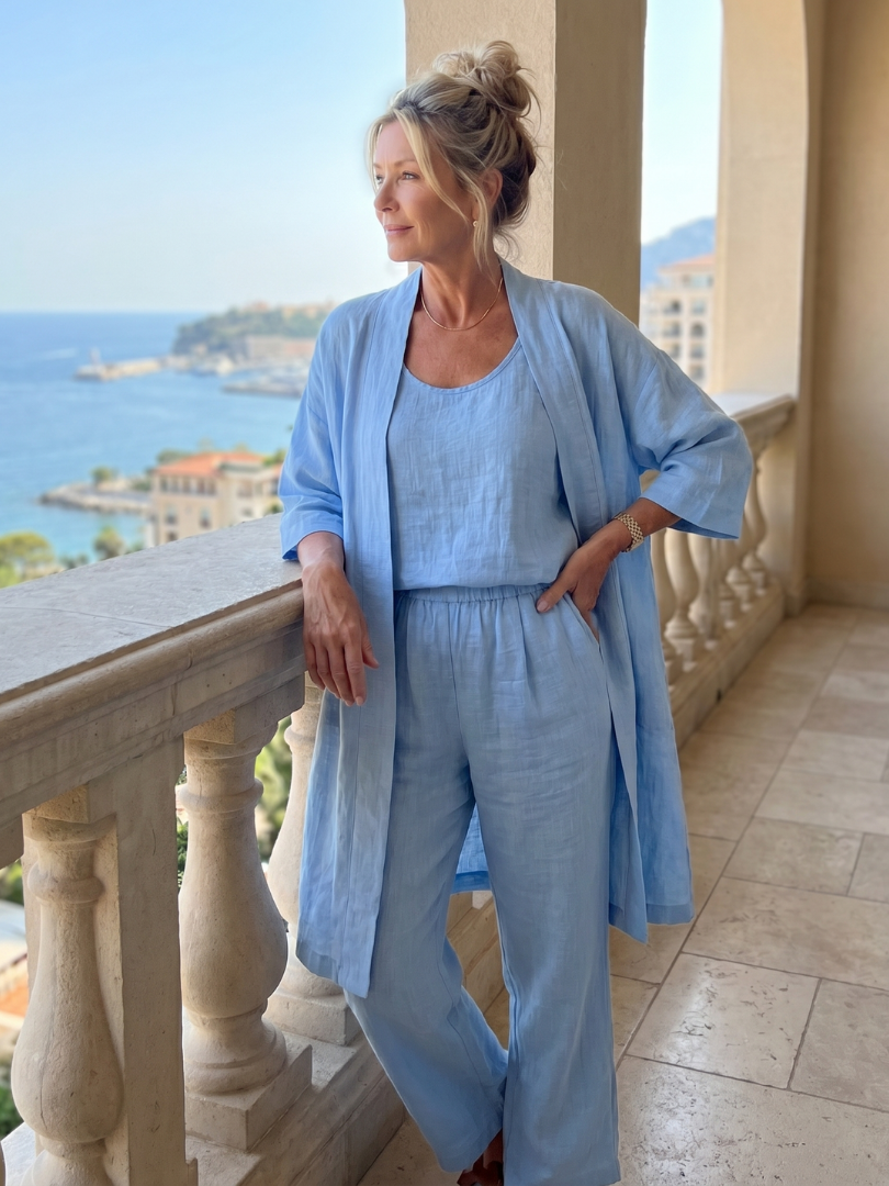 Relaxed women's three-piece set, a modern coordinated outfit with wide-leg pants.