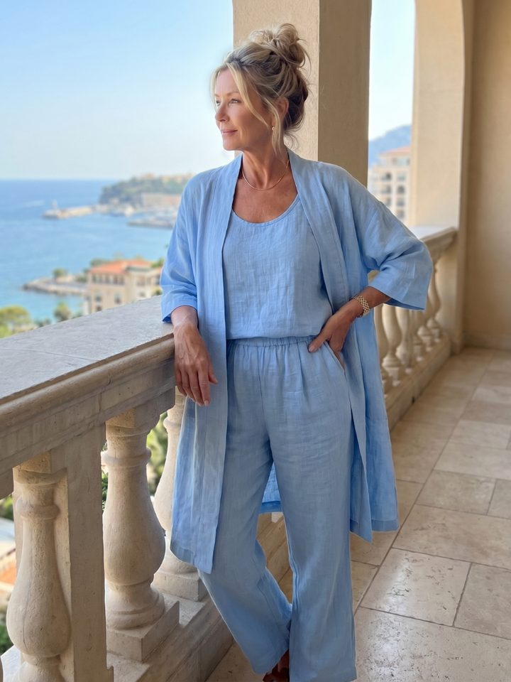 Relaxed women's three-piece set, a modern coordinated outfit with wide-leg pants.