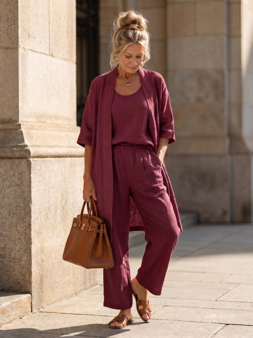Women's versatile loungewear: three-piece top and wide-leg pant set in relaxed style.