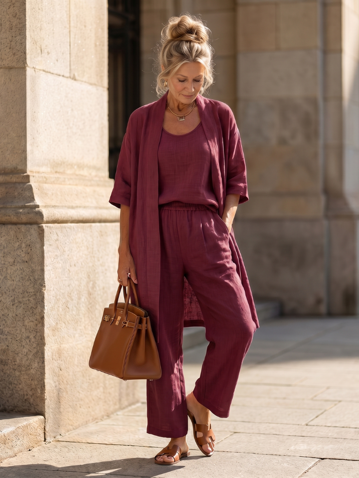 Women's versatile loungewear: three-piece top and wide-leg pant set in relaxed style.