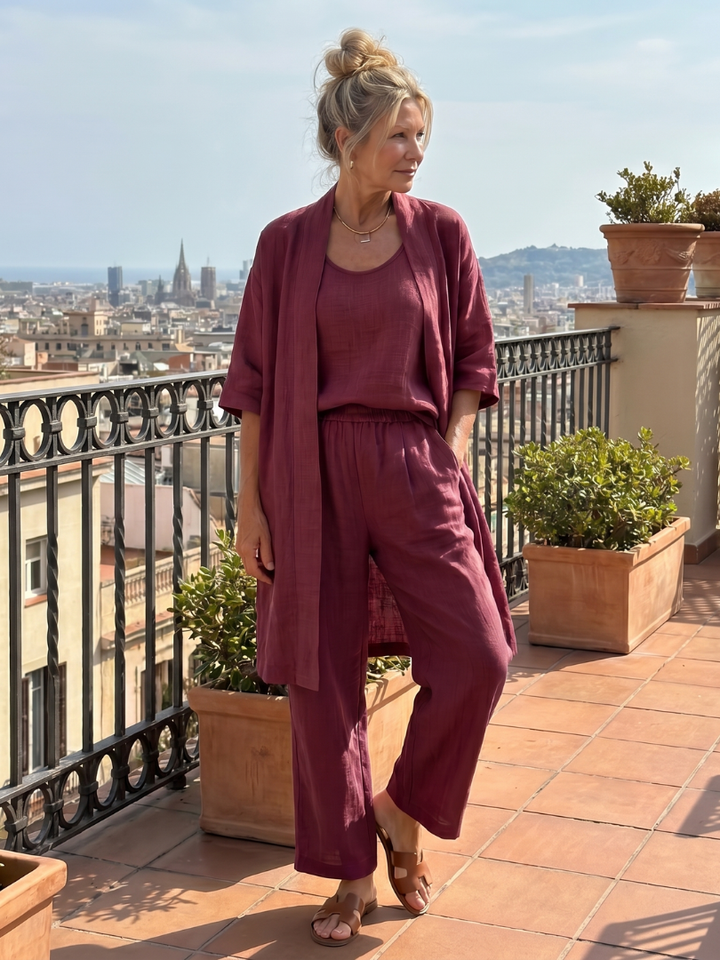 Matching women's three-piece set, a relaxed fit coordinated outfit with wide-leg pants.