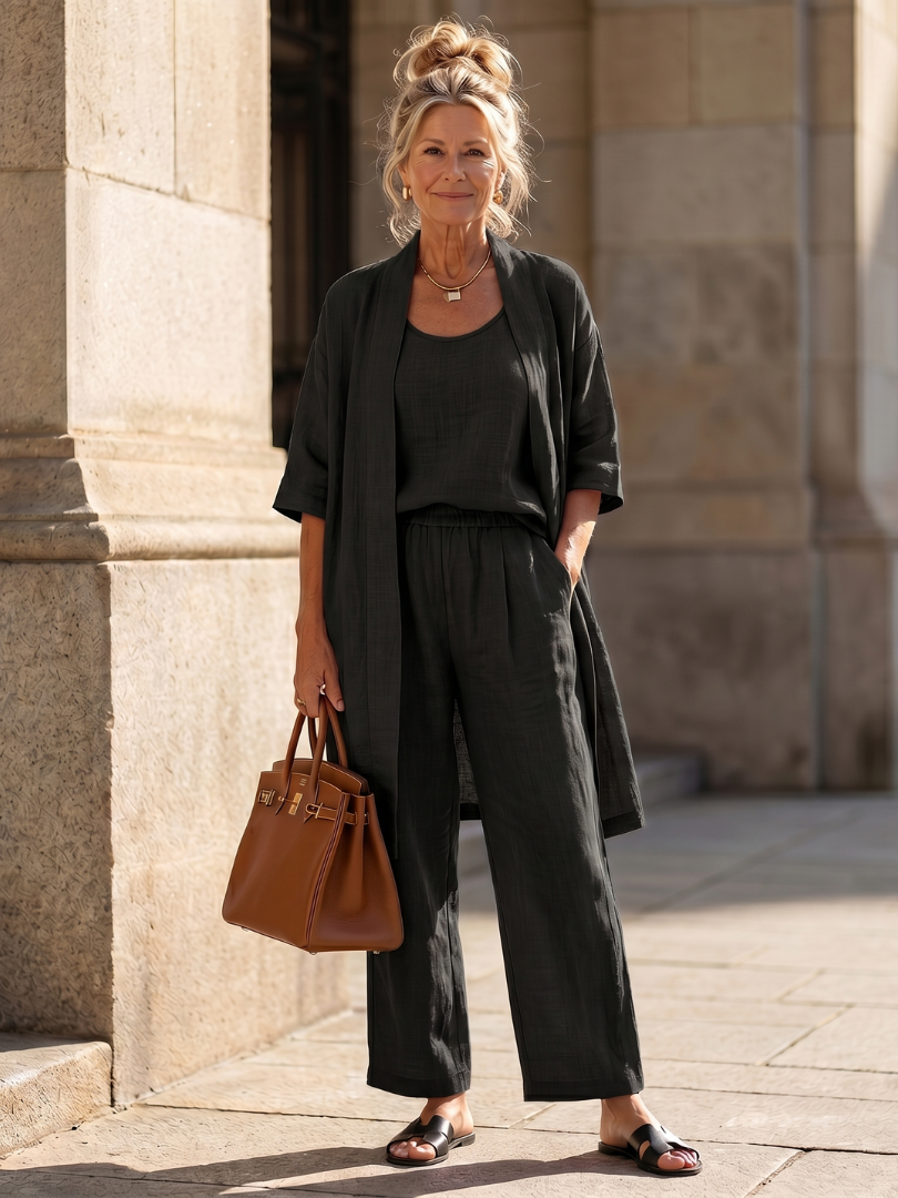 Women's comfort fashion: three-piece top and wide-leg pant set for loungewear.