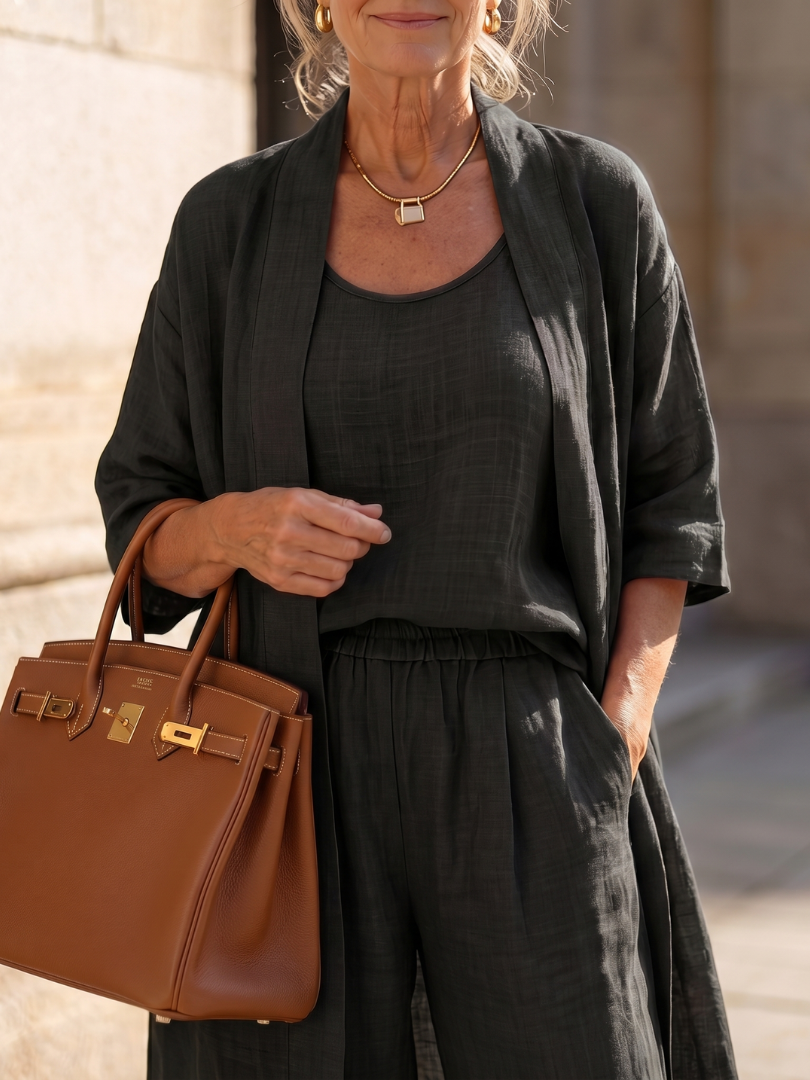Women's versatile three-piece casual set, featuring a relaxed top and wide-leg pants.