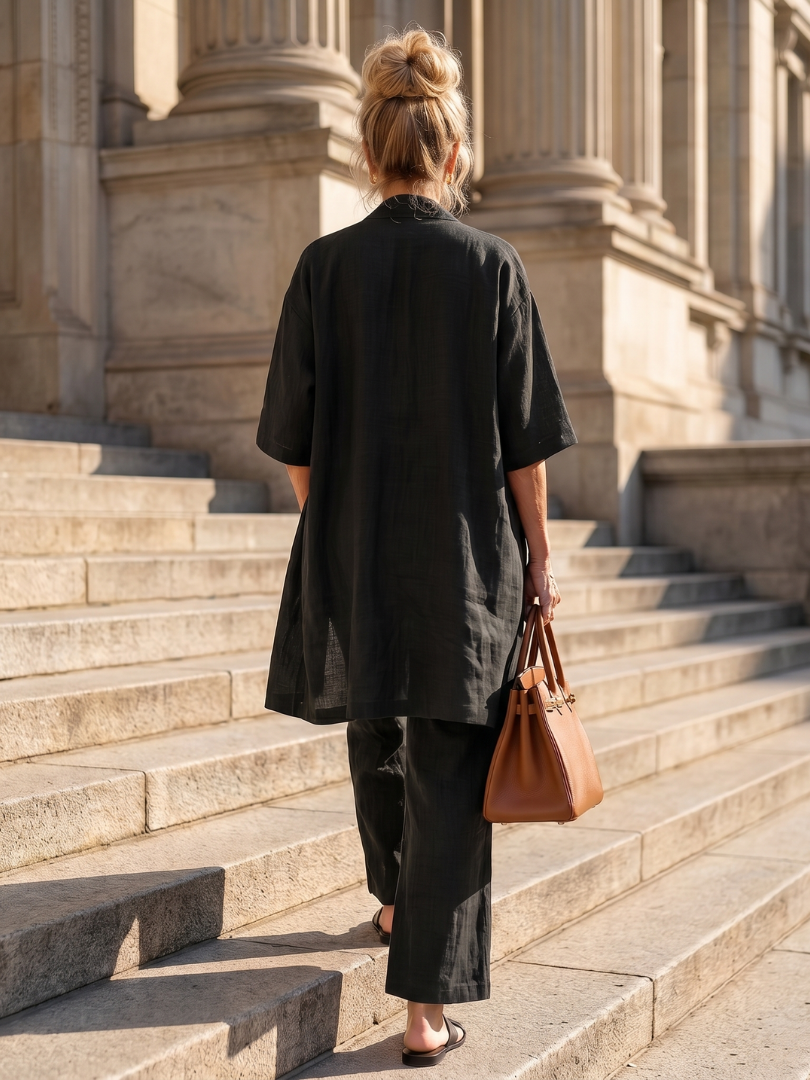 Elegant women's three-piece pant set with a relaxed fit and wide-leg design.