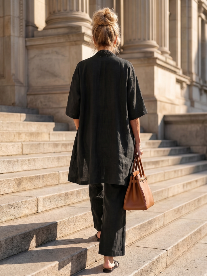 Elegant women's three-piece pant set with a relaxed fit and wide-leg design.
